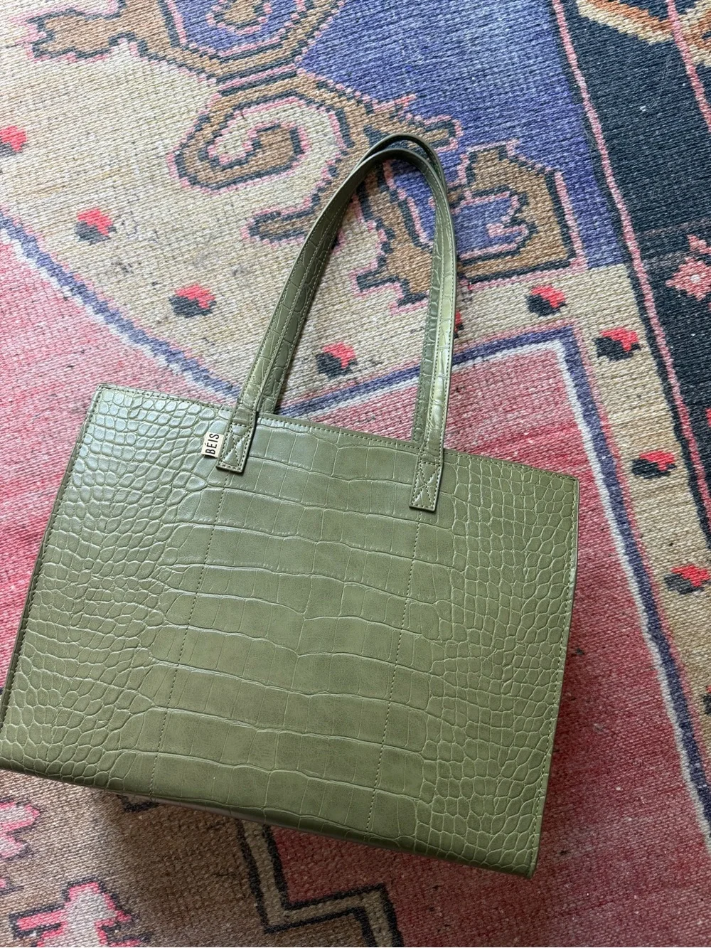 BEIS Olive Green Croc-Embossed Work Tote